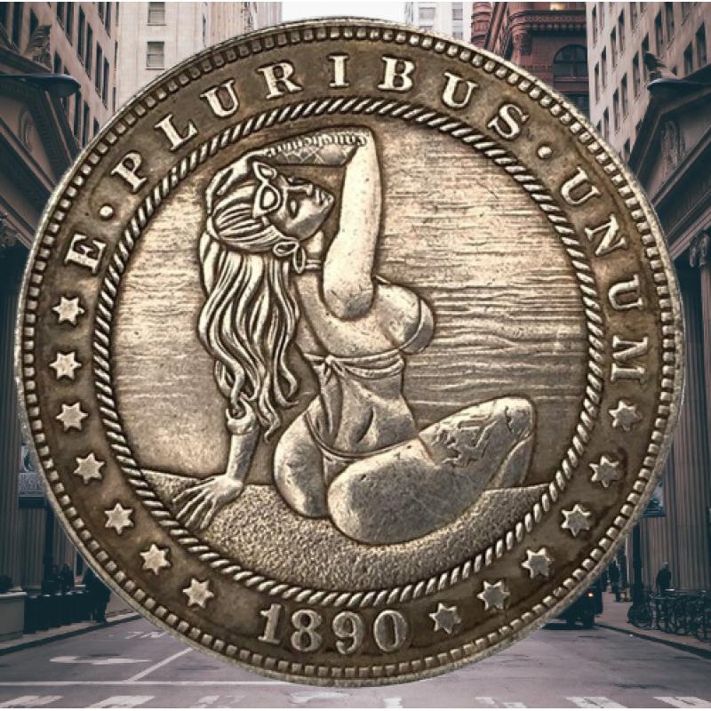 Монета сувенірна долар США 1890 р “Дівчинка сидить на березі“, Колекція Хобо монет моргана