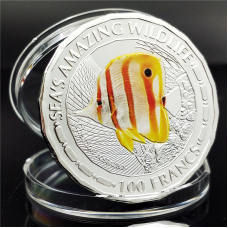 Сувенір срібна монета 100 Франків 2015г, “Медносмугова риба-метелик хелмон“ Республіка Бурунді
