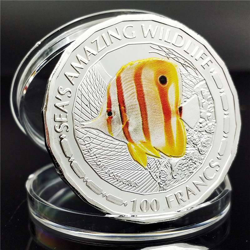 Сувенір срібна монета 100 Франків 2015г, “Медносмугова риба-метелик хелмон“ Республіка Бурунді