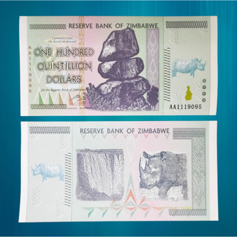 Банкнота 100 квінтильйонів доларів 2008 г combe Резерв Банк (носorг) (колекційні)
