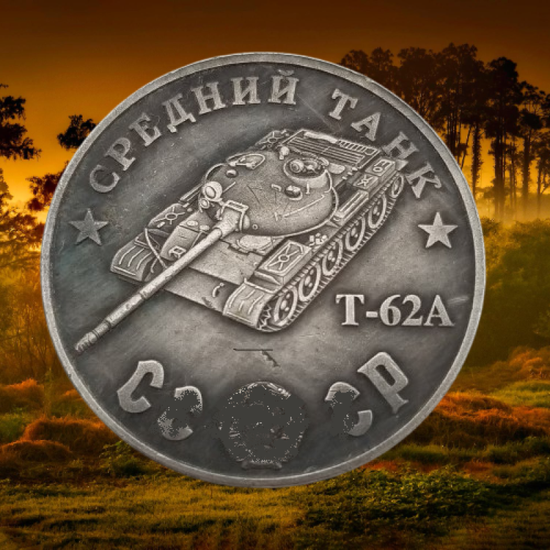 Сувенір монета Середній танк T-62A. Серія “Танки СРСР“. Монетоподібний жетон