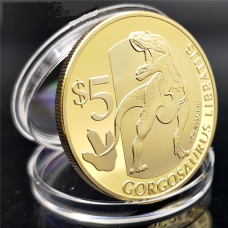 Сувенір монета 5 доларів 2015 г, “Горгозавр“ голд. Сьєра Леоне. Динозаври