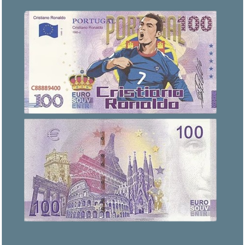 Сувенірна банкнота 100 Euro євро “Кріштіану Роналду“ (синя футболка). Китай