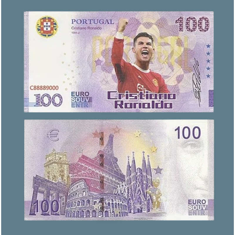 Сувенірна банкнота 100 Euro євро “Кріштіану Роналду“ (червона футболка). Китай
