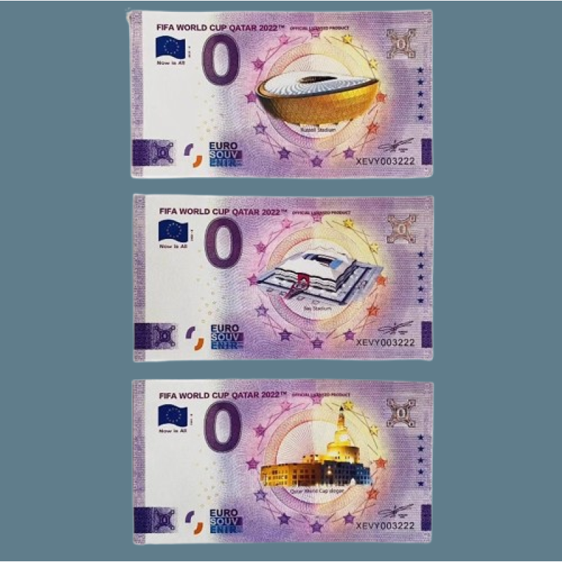 Набір сувенірних банкнот 0 Euro 0 євро Місця Чемпіонату світу з футболу 2022. World Cup Qatar — 3 банкноти