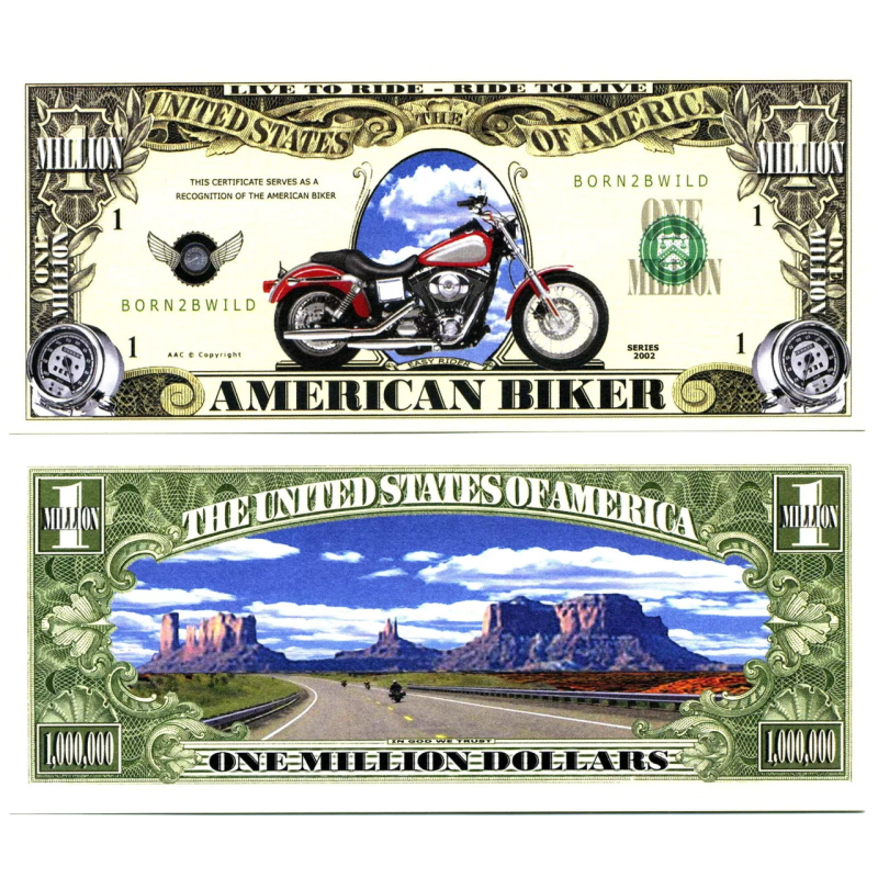 Сувенірна байкерська банкнота 1 мільйон доларів США 2002г “Мотоцикл Harley Davidson“