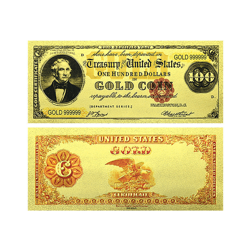 Золота колекційна банкнота США 100 доларів 1882г (золота фольга)