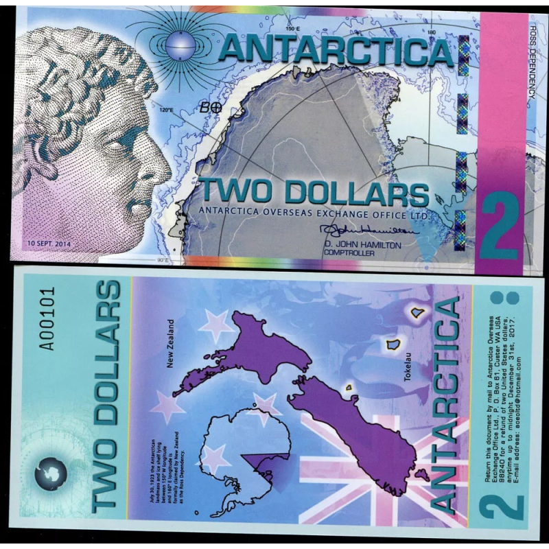 Комплект сувенірна колекційна банкнота Два мініктарктики 2008г (Antarctica Two Dollars).