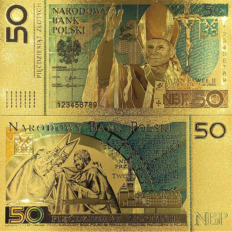Золота колекційна банкнота Польщі 50 златих 2006, присвячена Папі Римському Івану Свійському (золотита фольга)