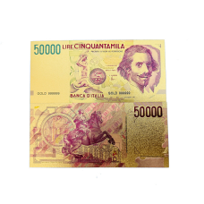 Золота колекційна банкнота італійських 50 000 лір (LIRE CINQUANTAMILA) 1992г. (золота фольга)