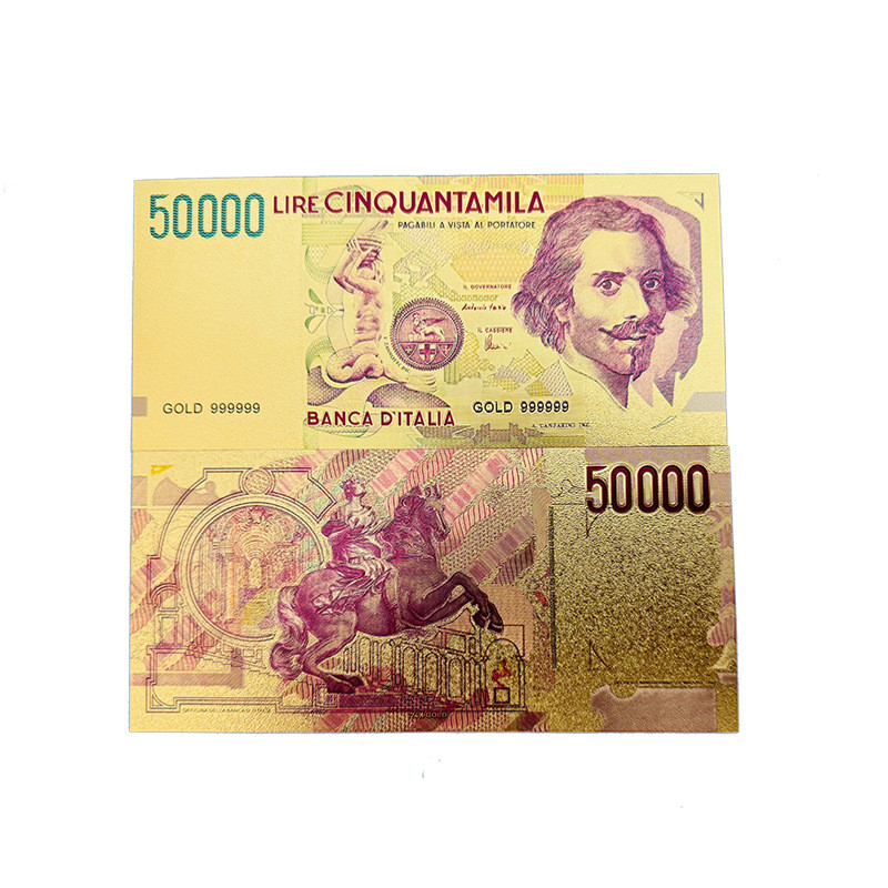 Золота колекційна банкнота італійських 50 000 лір (LIRE CINQUANTAMILA) 1992г. (золота фольга)