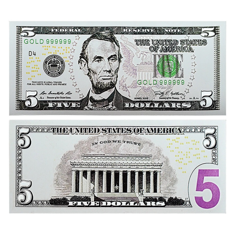 Срібна колекційна банкнота 5 доларів США. (14.5*6,5 см срібна фольга)