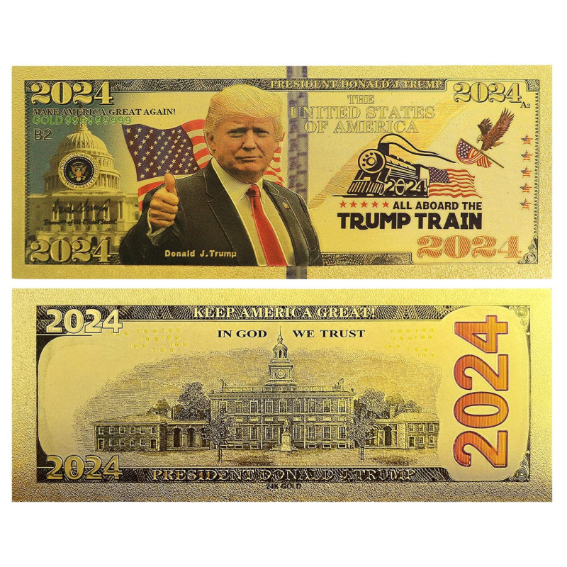 Золота колекційна банкнота «Все на борт потяга Трампа» 2024. (золота фольга)