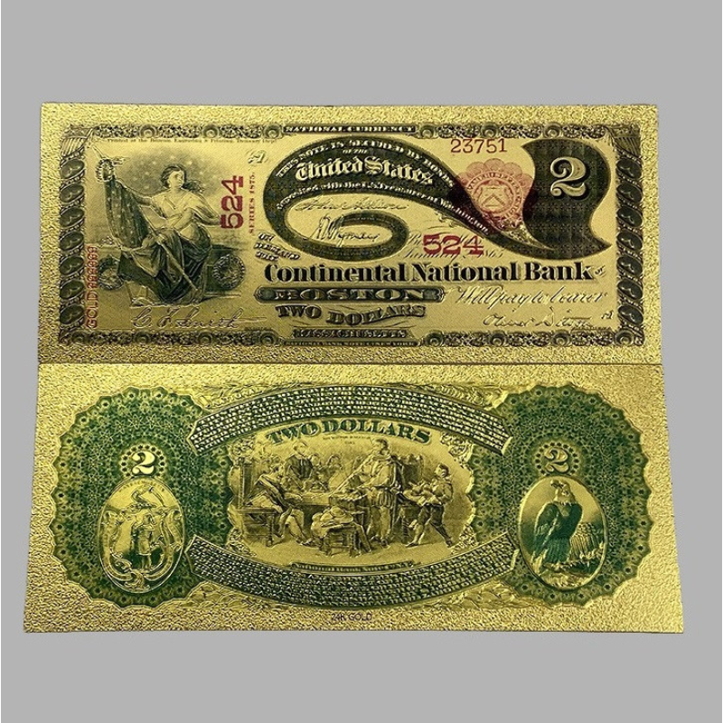 Золота колекційна банкнота 2 доллари США 1875г (золота фольга)