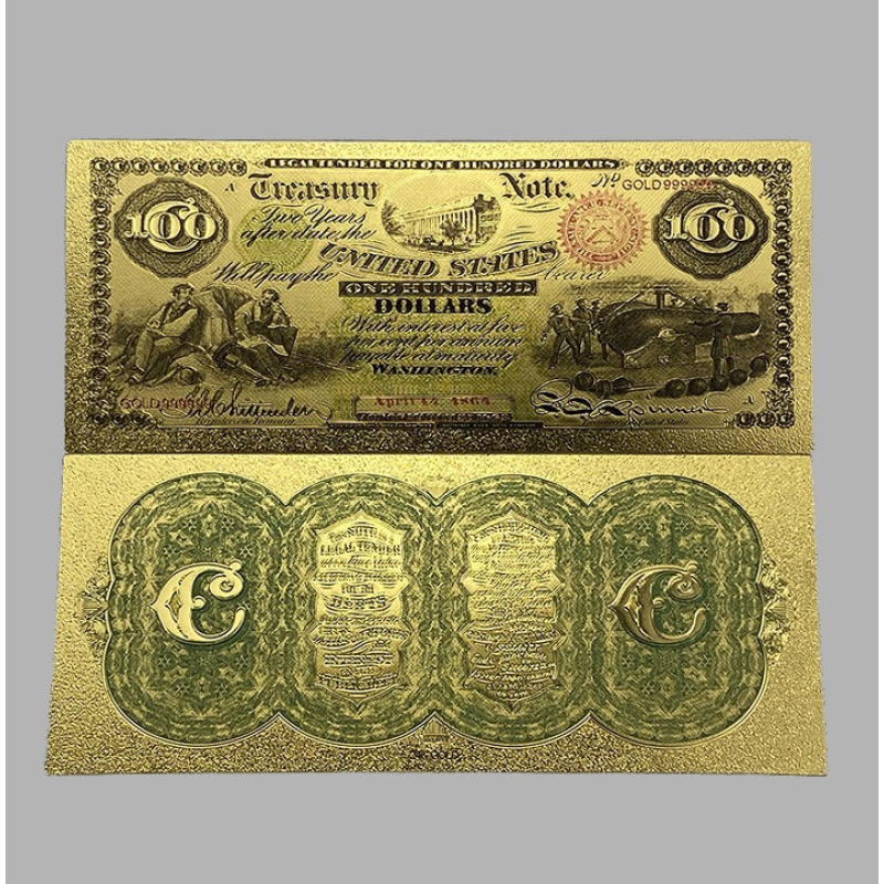 Золота колекційна банкнота Сіребрений Сертифікат 100 доларів США 1864. (золота фольга)